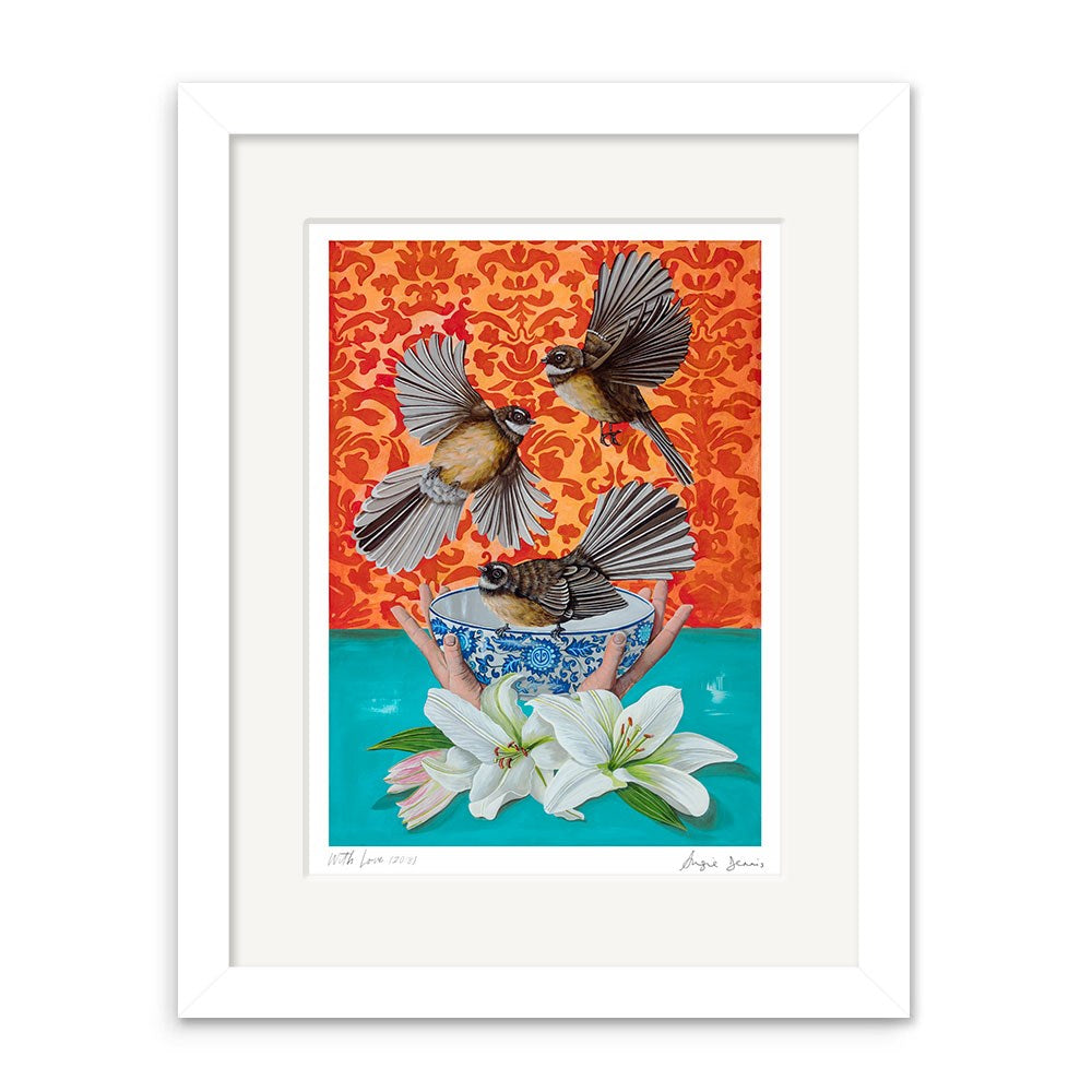 The Angie Dennis - With Love Art Print features two birds with open wings above a blue and white teacup, white lilies below, and an orange patterned background. This signed New Zealand artwork makes a beautiful framed addition to any space.