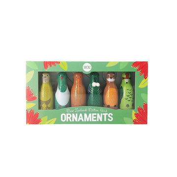 The Box of Native Bird Ornaments is a rectangular green box with five New Zealand native bird Christmas ornaments, each uniquely painted and visible through a clear window—a charming gift set designed in New Zealand.