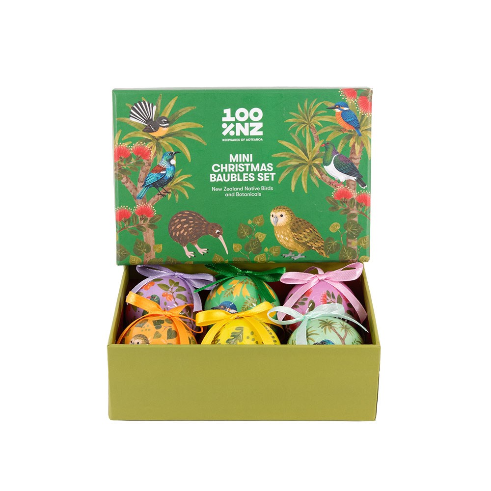 Birds and Botanicals Mini Christmas Baubles: a boxed set of six mini baubles featuring bird and botanical illustrations, displayed in an open gift box decorated with New Zealand native birds.