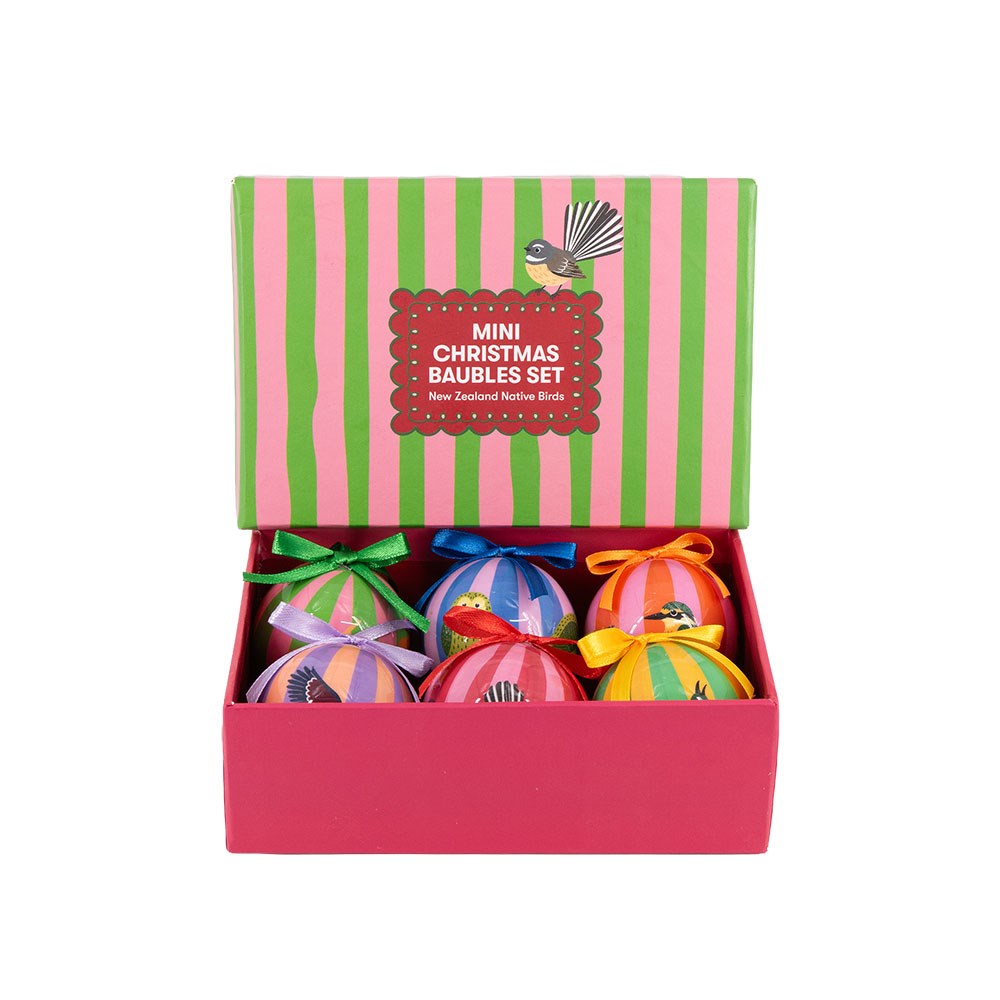 A box of six colorful, striped NZ Native Birds Mini Christmas Baubles, each featuring an illustration of a New Zealand native bird.