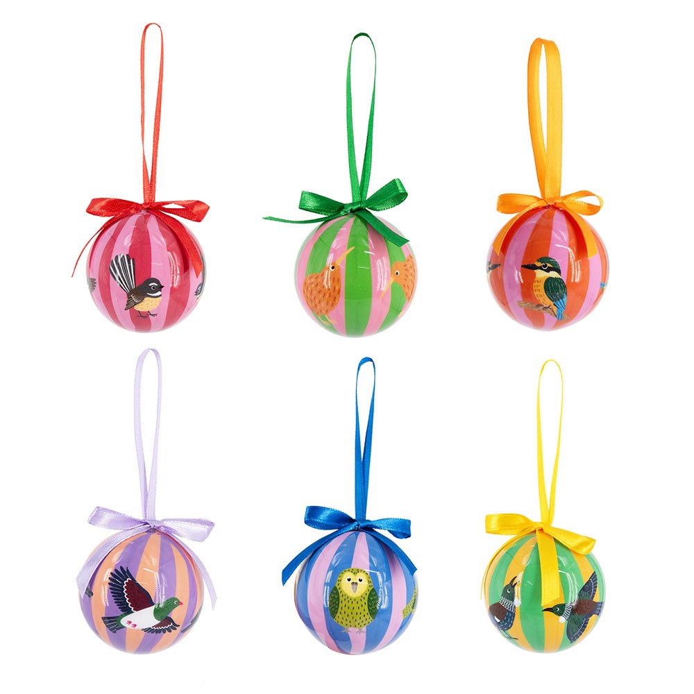 Six round NZ Native Birds Mini Christmas Baubles, each featuring a painted native bird and a matching ribbon hanging loop.
