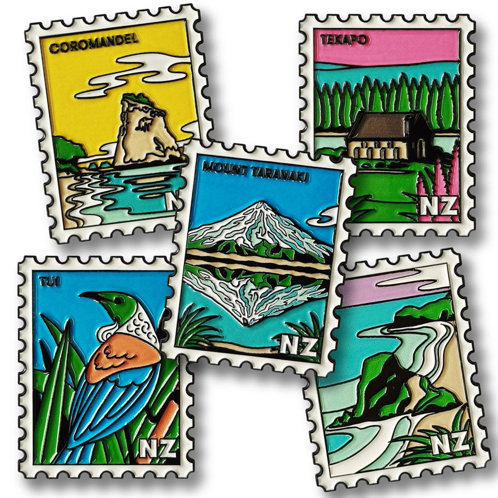 Build your own collection and save $ with five vibrant New Zealand-themed stamps featuring stylized illustrations of Coromandel, Tekapo, Mount Taranaki, a tūī bird, and a frog—all with bold outlines and vivid colors.