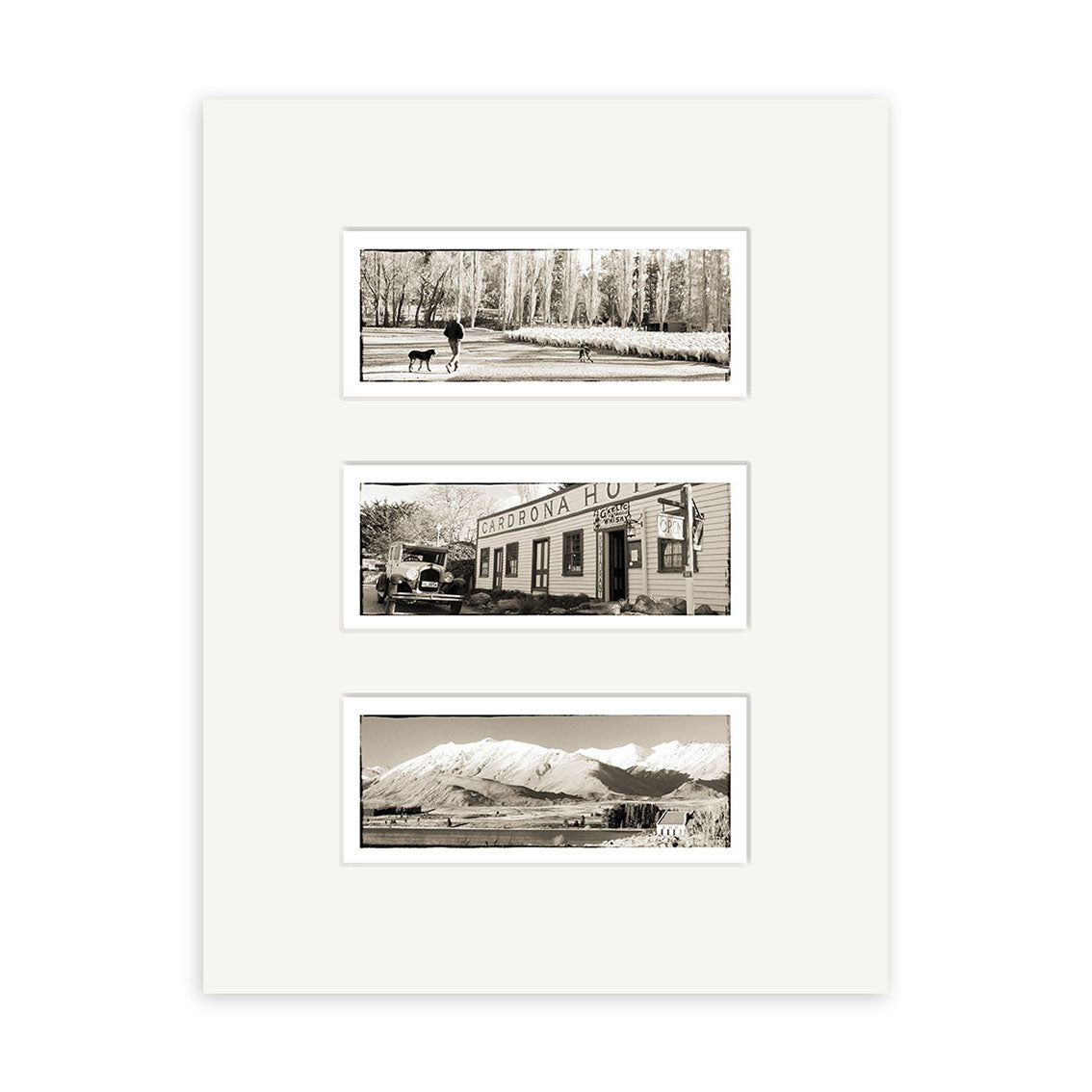 The South Island Triptych - RP044 features three black-and-white photographic prints: a person walking dogs in a park, a vintage truck by a building, and New Zealand’s stunning snow-capped mountains.
