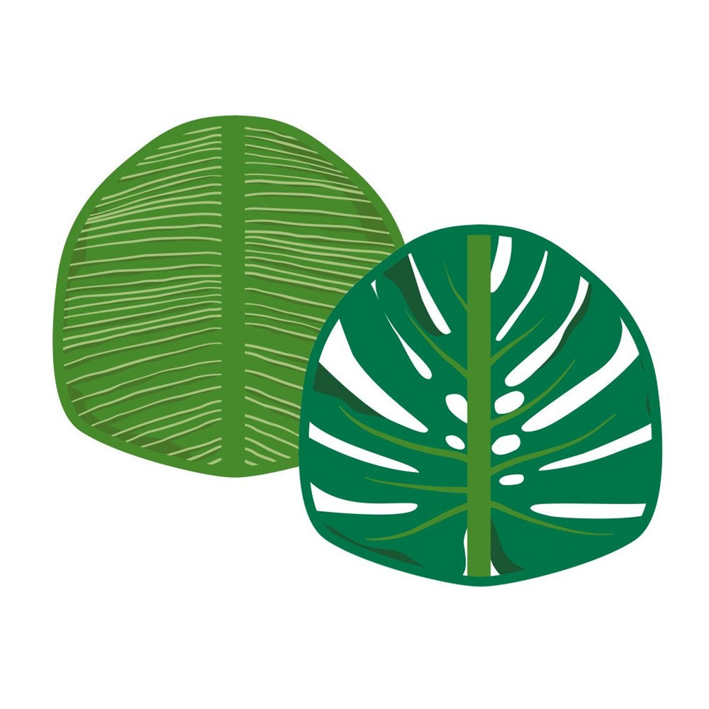 Two stylized green leaves are seen on a white background. The left has thin light green lines and a central vein. The right, symbolizing the Leaves Lunch Wraps plastic-free design, features large cutouts and a thick central vein.