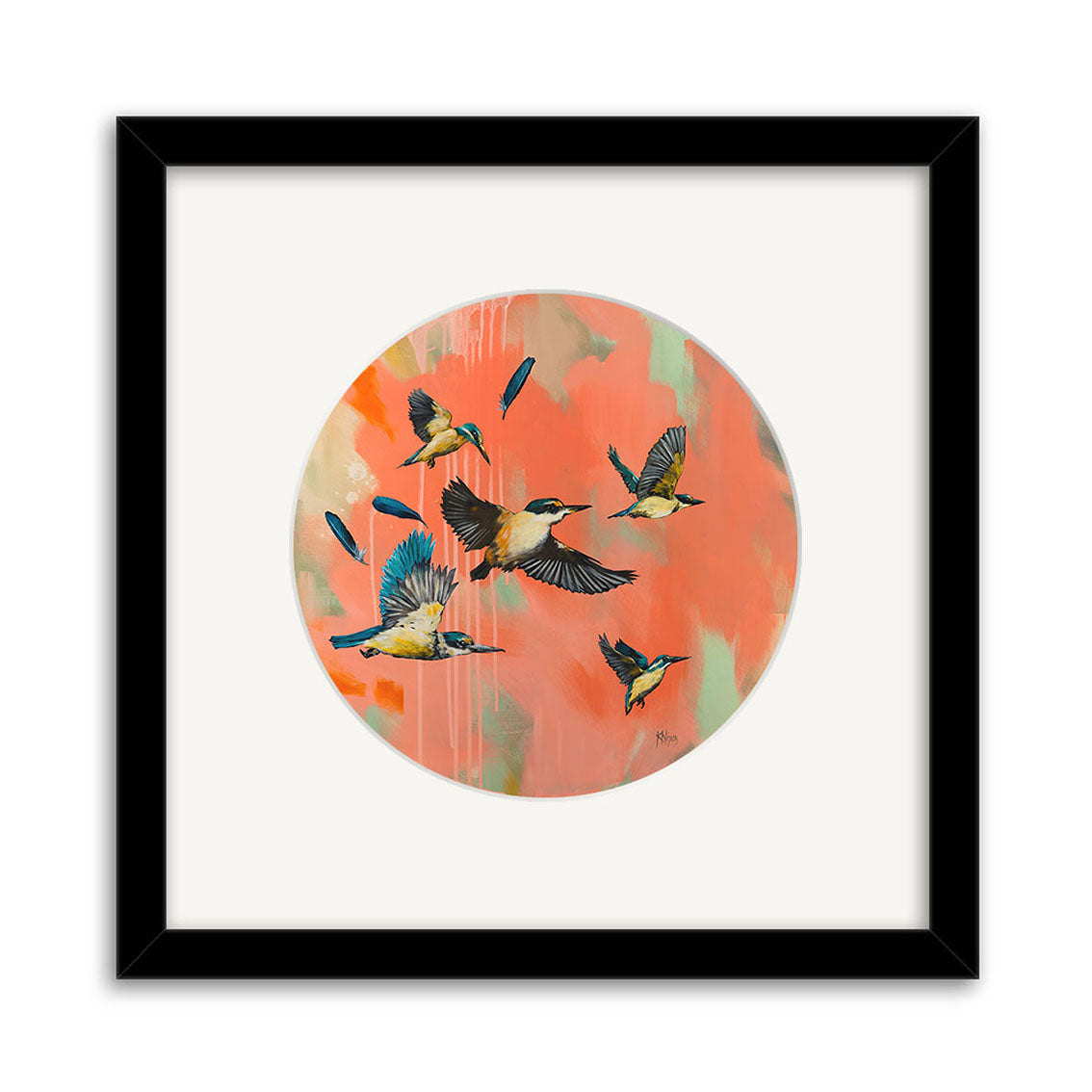 Kings, Kirsty Nixon – Kingfishers Small Art Print: six birds in flight with blue feathers, set against a round, abstract background of pink, peach, and green. The black frame with white mat enhances this New Zealand artwork.