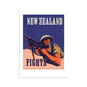 The New Zealand Fights War Print is an archival quality poster showing a WWII soldier in a helmet with rifle and bold “NEW ZEALAND FIGHTS” text on a blue and peach background. Made in New Zealand.