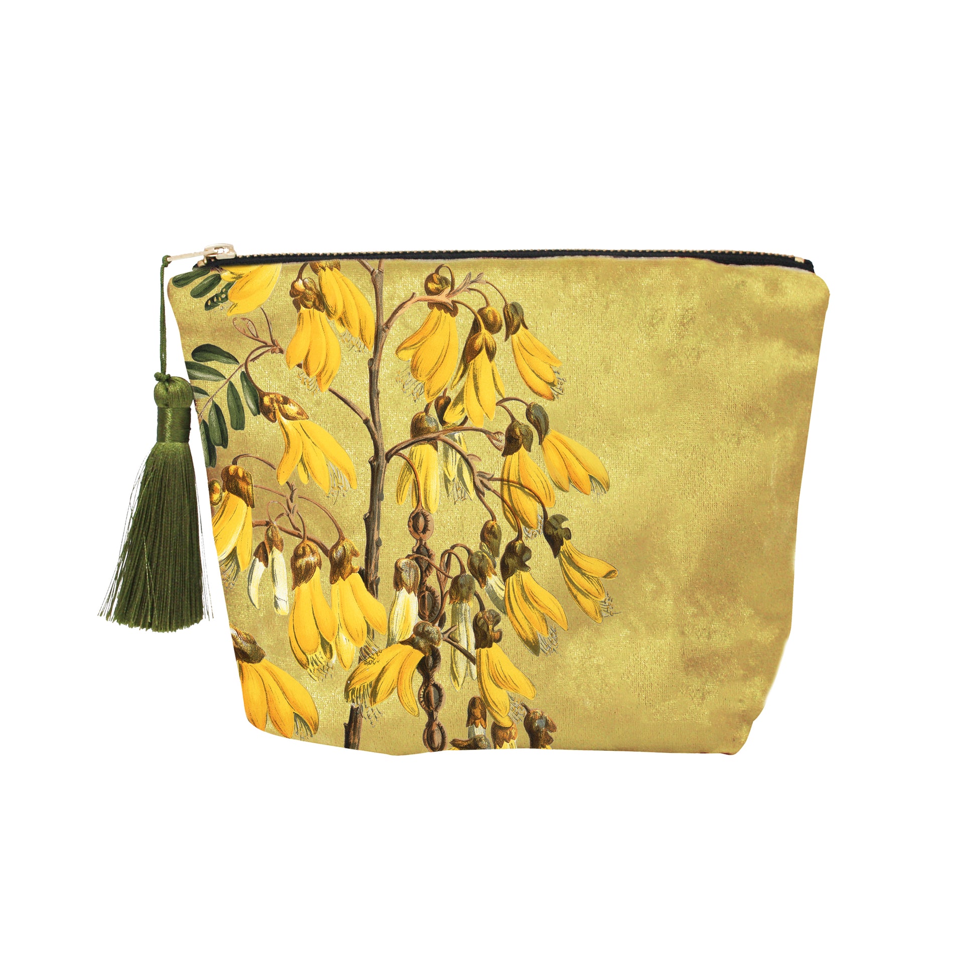 The Vintage Botanical Kowhai Velvet Cosmetic Bag features a zippered design with a green tassel and showcases yellow kowhai flowers and green leaves, inspired by New Zealand flora, on a muted yellow background.