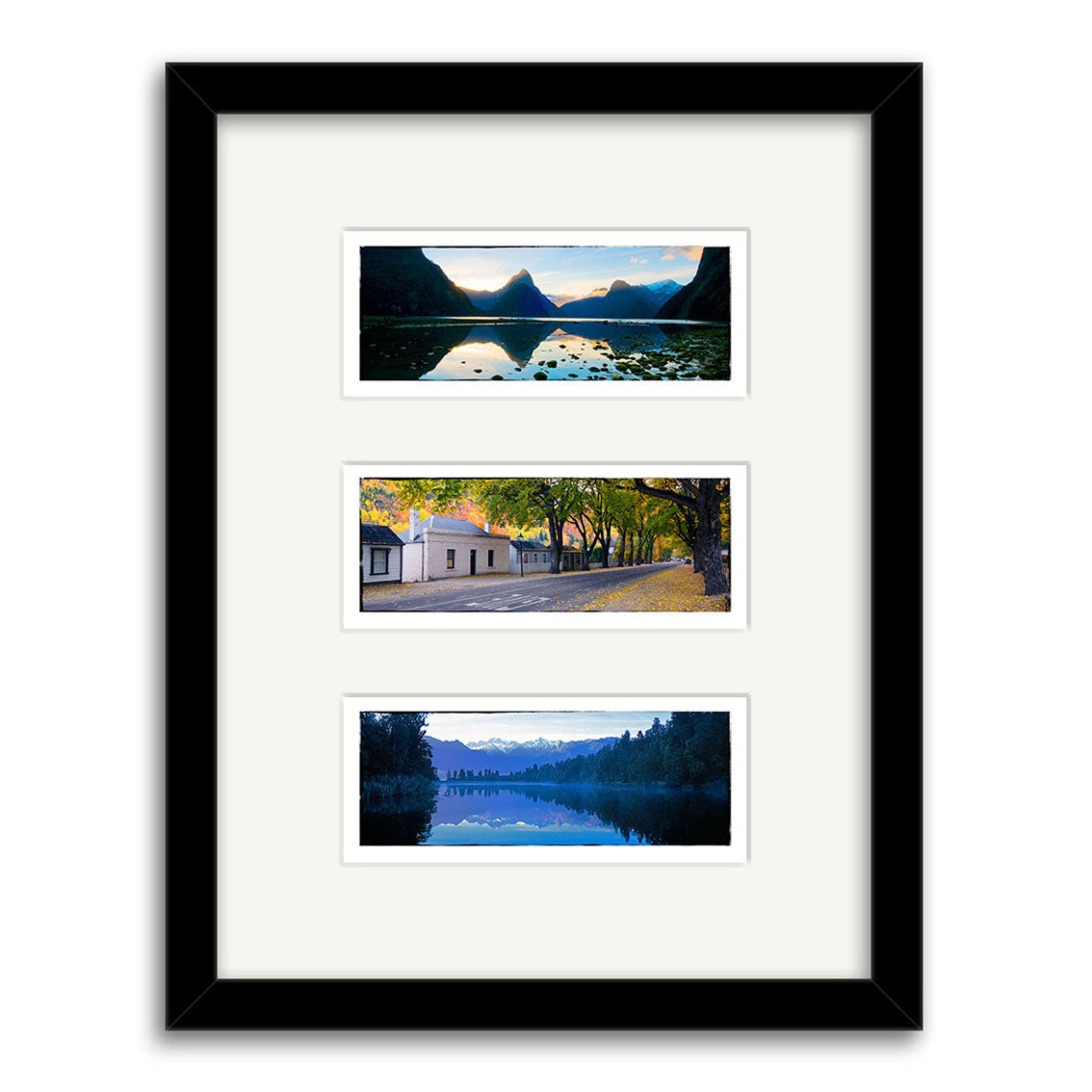 The South Island Triptych 1 - RP195 by Reuben Price is a black-framed set of three vertically arranged photographic prints—lake with mountains, tree-lined building, and forested lake—on archival paper with a white mat.