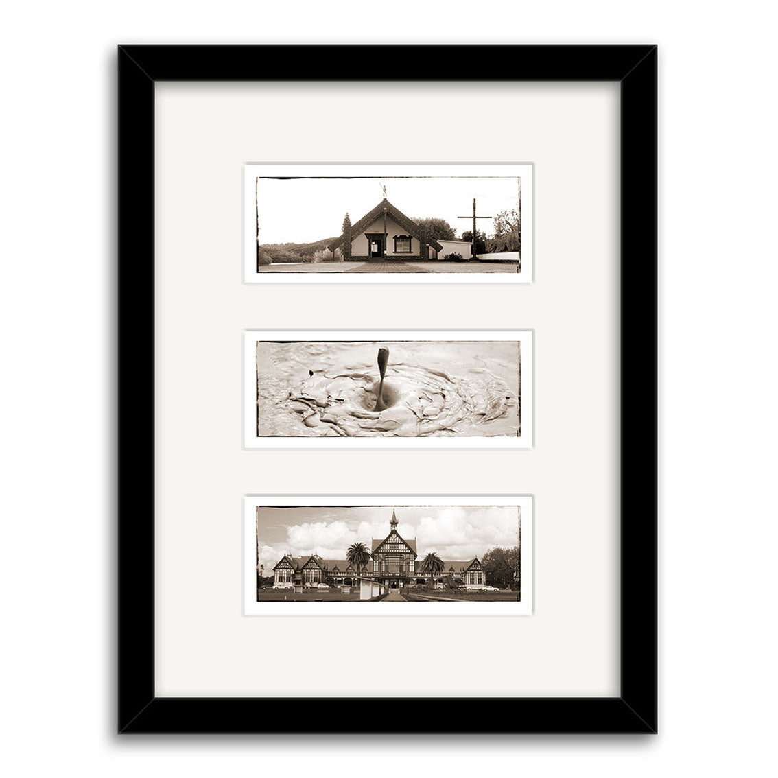 The Rotorua Triptych - RP035 features three sepia photographic prints from New Zealand in a black frame with a white mat: a small church, bubbling mud and geyser, and a grand Victorian-style building on a lawn.