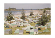 Enjoy the spirit of camping at Mt Maunganui with the Retro Camping Print—a photographic print on archival quality matte paper. It features a large campsite with tents, campers, pine trees, and people relaxing by the sandy beach.