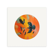 The “Kirsty Nixon - High Fliers (Tui) Small Art Print” features two black Tui birds in flight on an orange and yellow circular background with drips and falling black feathers, centered on a white square canvas. Prints are available.