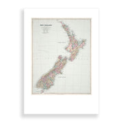 The NZ Map A2 Print features a vintage-style map of New Zealands North and South Islands with colorful region outlines and labeled places, ideal as wall art or an art print, all centered on a crisp white background.