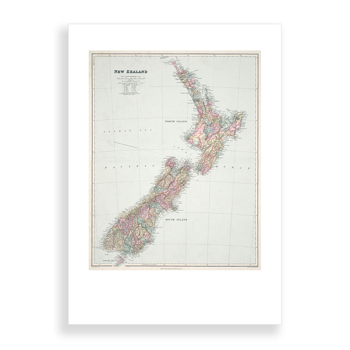 The NZ Map A2 Print features a vintage-style map of New Zealands North and South Islands with colorful region outlines and labeled places, ideal as wall art or an art print, all centered on a crisp white background.