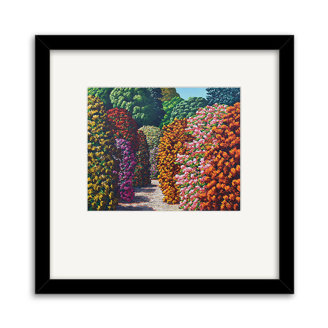 Karl Maughan - Waikino Small Art Print: A vibrant, framed artwork by New Zealand artist Karl Maughan, featuring a pathway among colorful bushes. Finished with a white mat and black frame—ideal for adding unique style to any space.