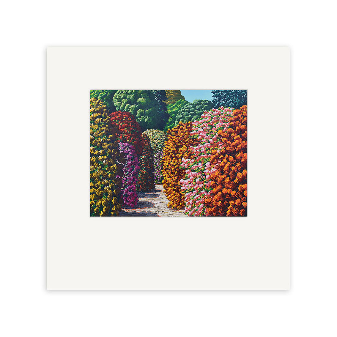 The Karl Maughan - Waikino Small Art Print features a rectangular scene with a flower-lined path and lush green trees, centered on a white mat. This vibrant print showcases red, pink, orange, and purple blooms in a classic Maughan landscape.
