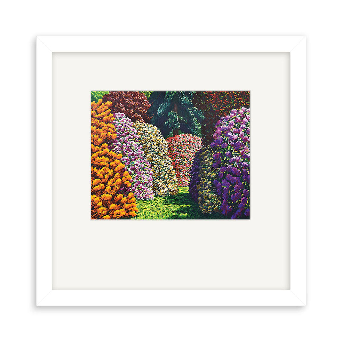The Karl Maughan - Cambridge Small Art Print depicts a garden with lush orange, pink, white, and purple flower bushes along a grassy path and green trees—classic New Zealand-inspired artwork.