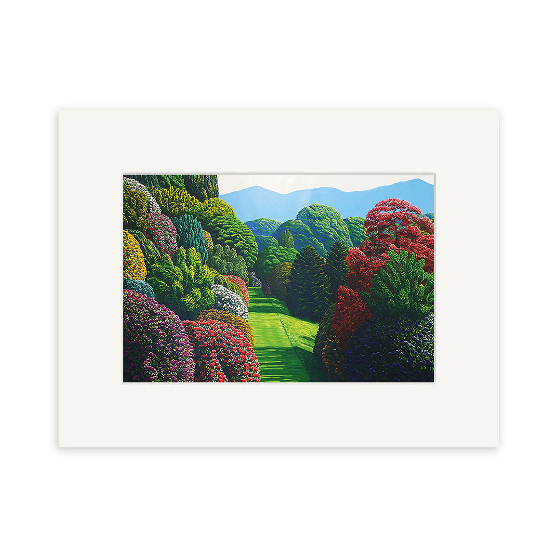 The Karl Maughan - Marchent Ridge Small Art Print features a landscaped garden with green, red, and purple trees, a central grassy path, and distant blue mountains—all set against a plain white background. Prints available.