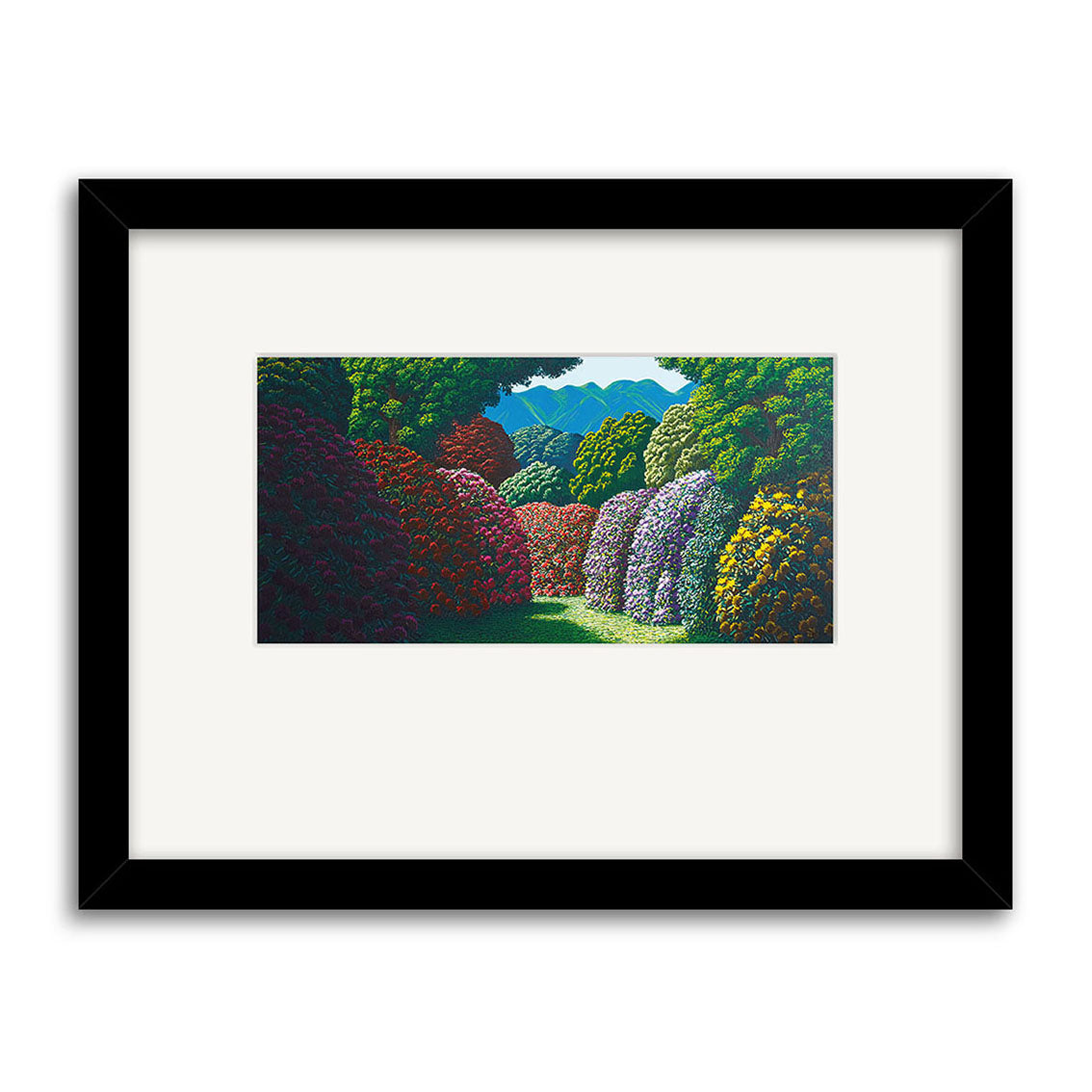 The Karl Maughan - Whenua Tapu Hills Small Art Print features a vibrant landscape inspired by the artist, with colorful bushes and distant blue mountains under a partly cloudy sky; available as a framed print.