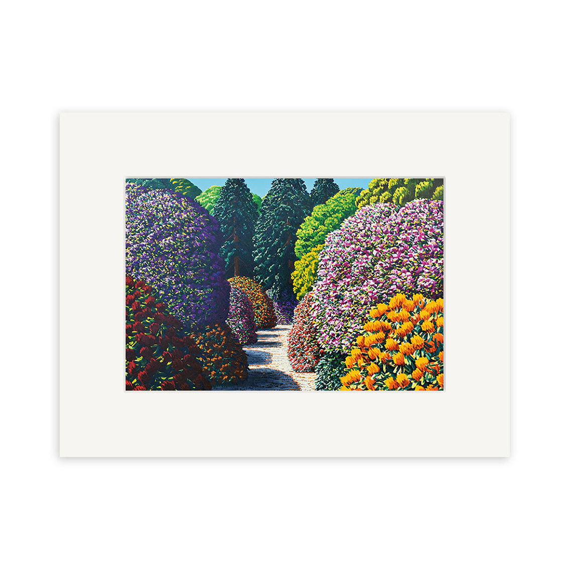 The Karl Maughan - Three Kings Small Art Print is a vivid unframed print featuring a garden path with lush, colorful flowering bushes and trees beneath a clear sky—showcasing the classic style of this renowned New Zealand artist.
