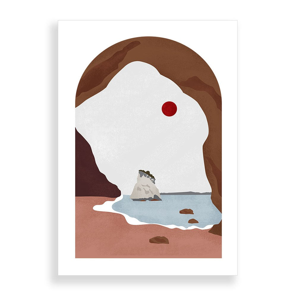 Cathedral Cove Landmark A2 Print: A minimalist illustration of a rocky arch framing tranquil blue water, sandy shore, and red sun—New Zealand-inspired, unframed and in the Landmark Collection.