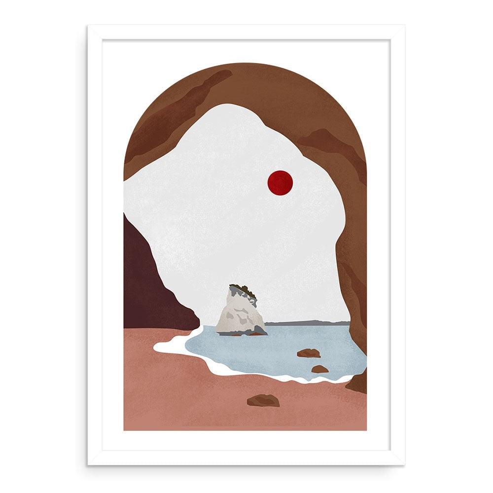Cathedral Cove Landmark A2 Print: Minimalist illustration of a coastal scene through a rocky arch, inspired by New Zealand. Features red sun, blue water, sandy shore, and distant rocks. Unframed artwork from the Landmark Collection.