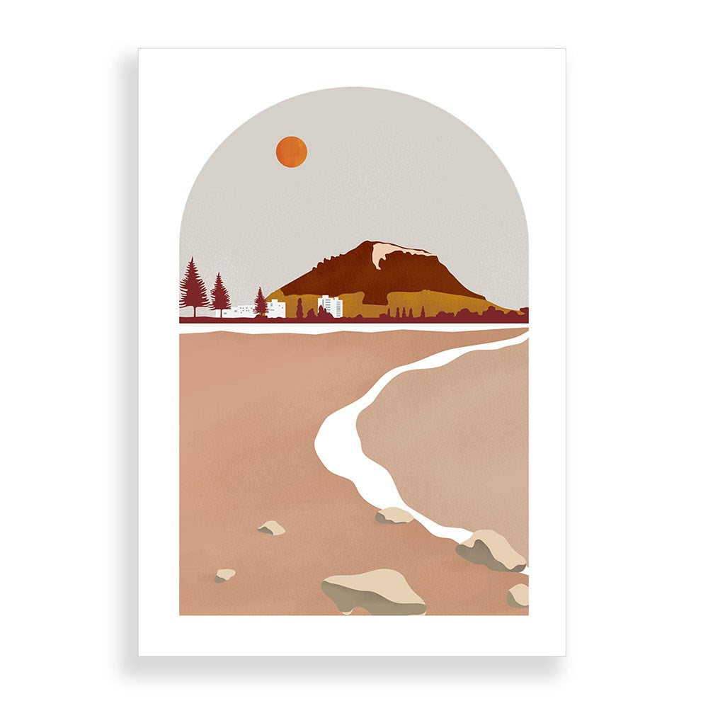 Minimalist brown and beige Mt Manganui landscape featuring mountains, small buildings, trees, a winding path, and an orange sun in a gray sky. Inspired by New Zealand locations. Landmark Collection A2 unframed print.