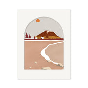 Minimalist Mt Maunganui Landmark Art Print featuring a New Zealand mountain landscape with brown and beige tones, trees, rocks, a winding river under an orange sun—all elegantly framed by an arched white frame.