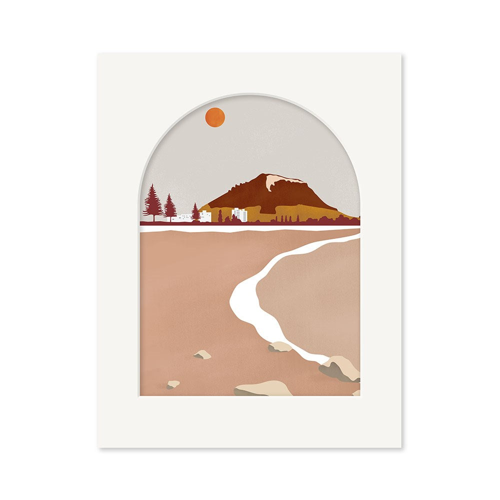 Minimalist Mt Maunganui Landmark Art Print featuring a New Zealand mountain landscape with brown and beige tones, trees, rocks, a winding river under an orange sun—all elegantly framed by an arched white frame.
