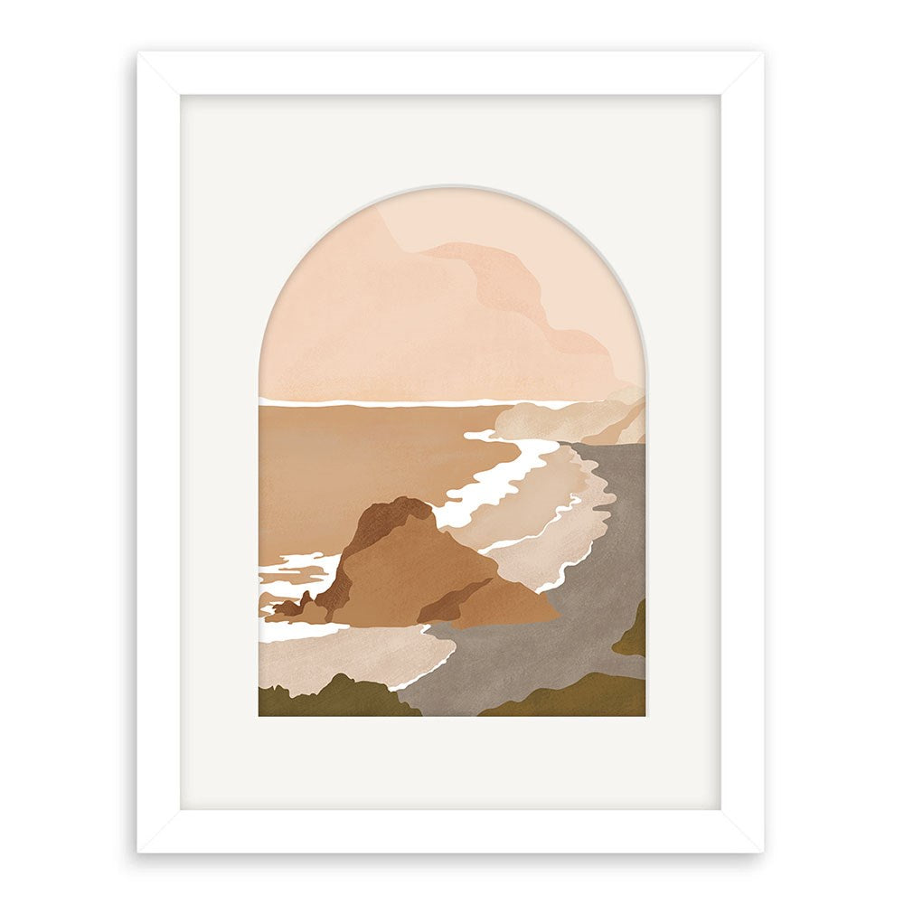 The Piha Landmark Art Print features minimalist art of a rocky coastline with waves through an arched frame, inspired by New Zealand. Muted beige, brown, and green tones. Part of the Landmark Collection and shown in a simple white frame.