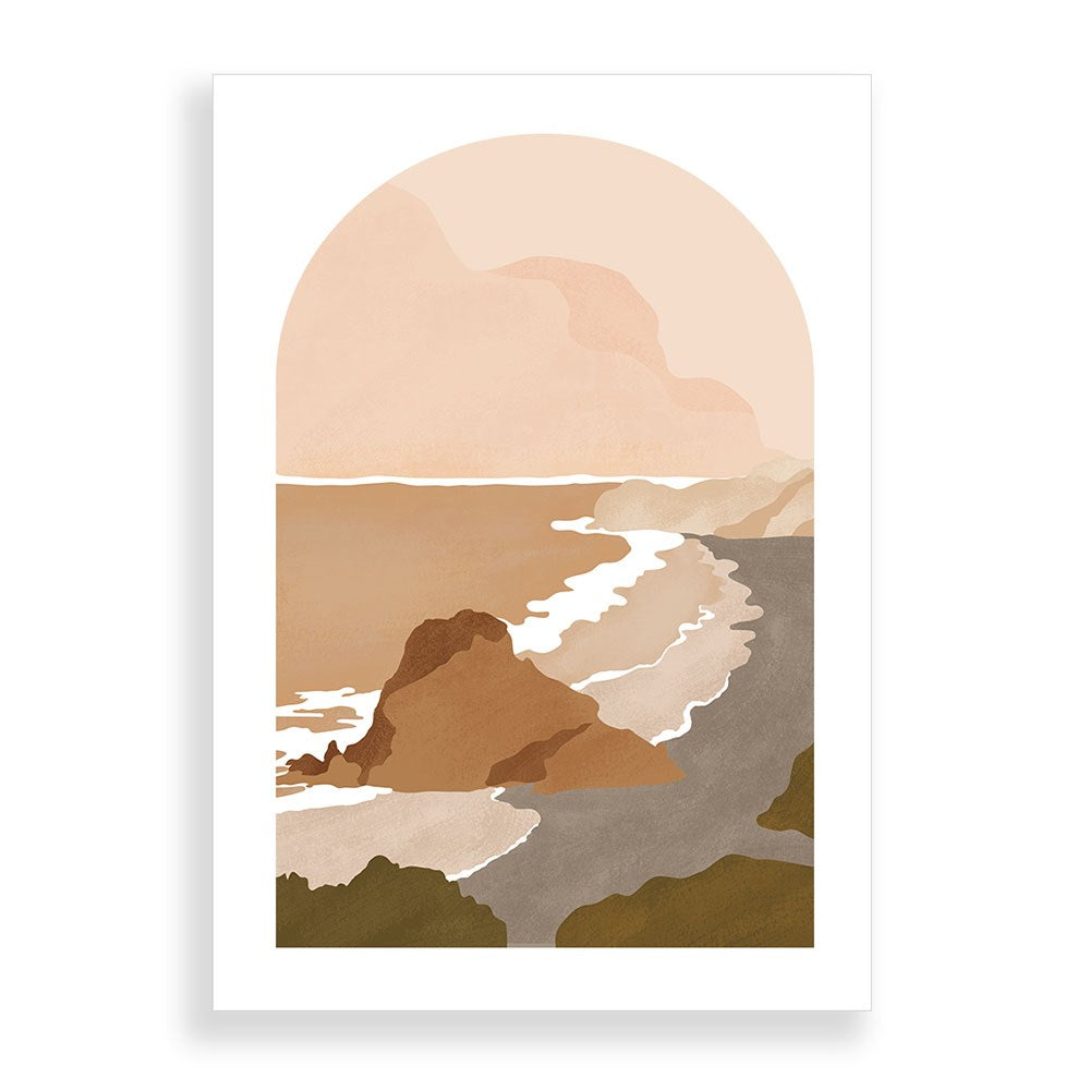 Minimalist illustration of Piha’s rocky cliffs, ocean waves, and sandy beach in earth tones, framed by an arched shape on white. Part of the Landmark Collection. Piha Landmark A2 Print available unframed.