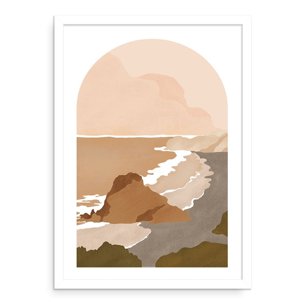 The Piha Landmark A2 Print features a framed abstract coastal scene with waves, rocky cliffs, and hills in muted brown, beige, and olive green earth tones, all enclosed by an arched outline.