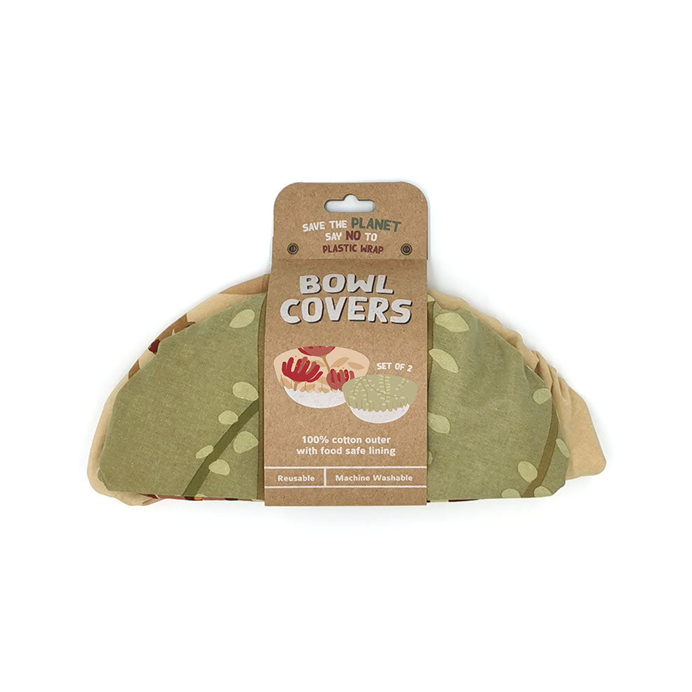 The Raw Bowl Covers (set of 2) feature a green leaf pattern, cotton outer, and food-safe lining. Reusable and machine washable, these eco-friendly covers are perfect for keeping your bowls covered sustainably.