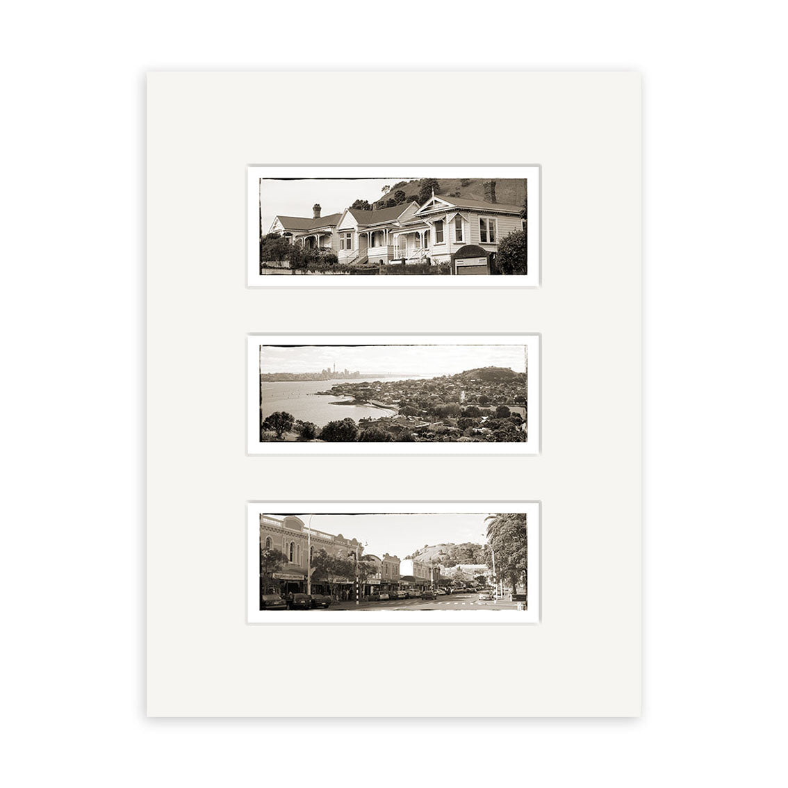 The Devonport Triptych - RP021 features three archival photo prints in a white mat: New Zealand houses at the top, a water landscape with distant buildings in the middle, and a street view with shops and trees at the bottom.