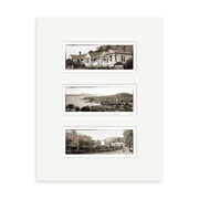 The Devonport Triptych - RP021 features three archival photo prints in a white mat: New Zealand houses at the top, a water landscape with distant buildings in the middle, and a street view with shops and trees at the bottom.
