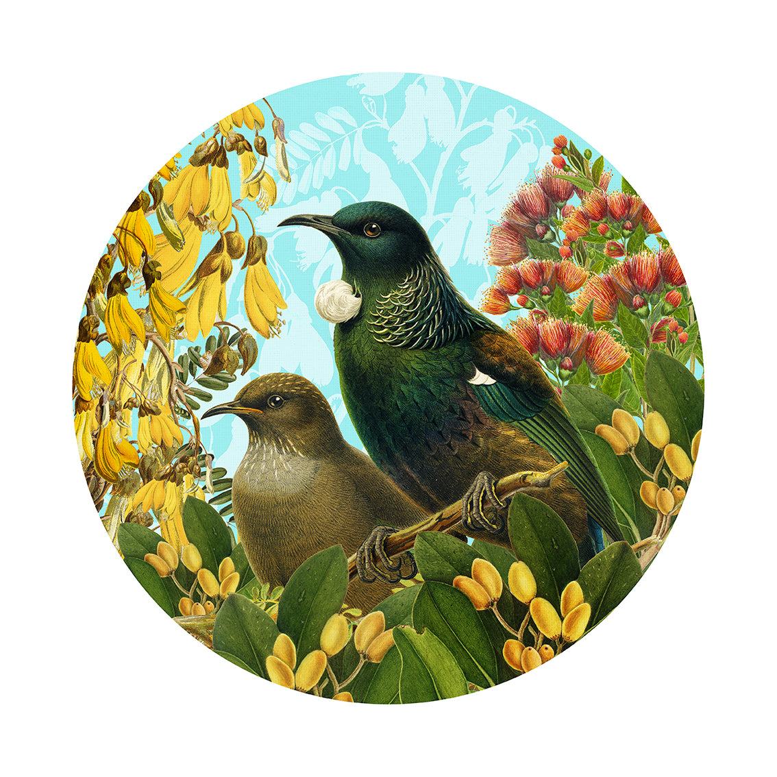 Botanical Tui Art Spot features two birds on branches with yellow and red flowers amid green leaves, set on a light blue background with a leaf pattern—printed as repositionable wall art on matte fabric.
