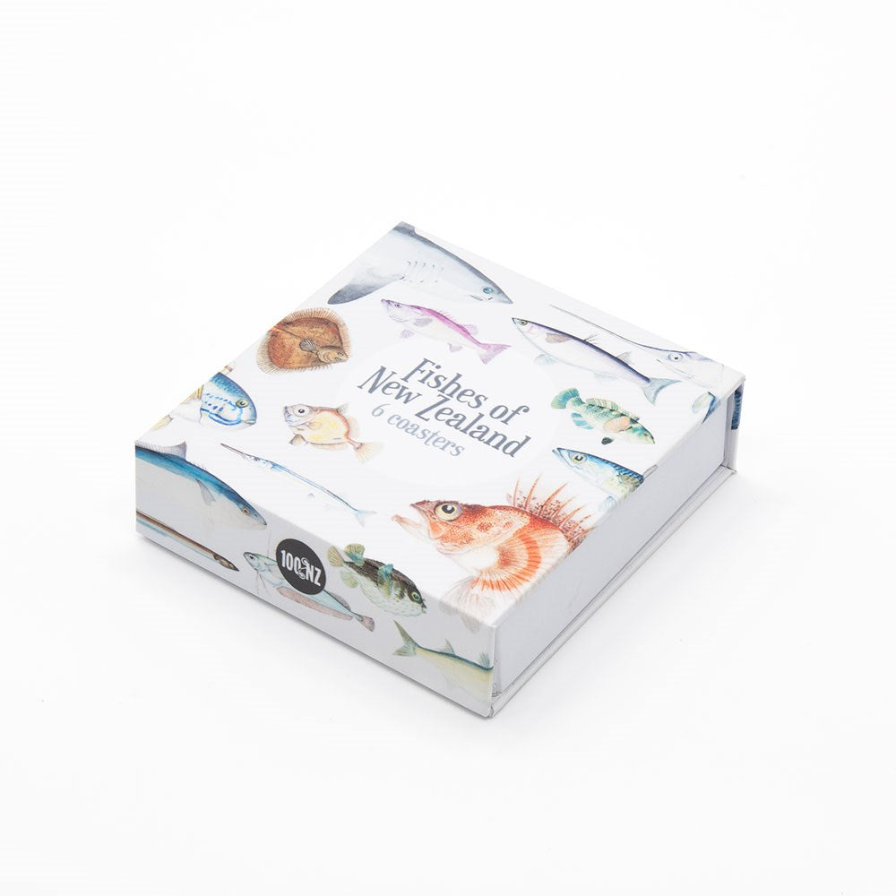 The Fishes of NZ Set of 6 Coasters comes in a white box featuring vibrant illustrations of New Zealand fish species—perfect for adding marine charm to your table.