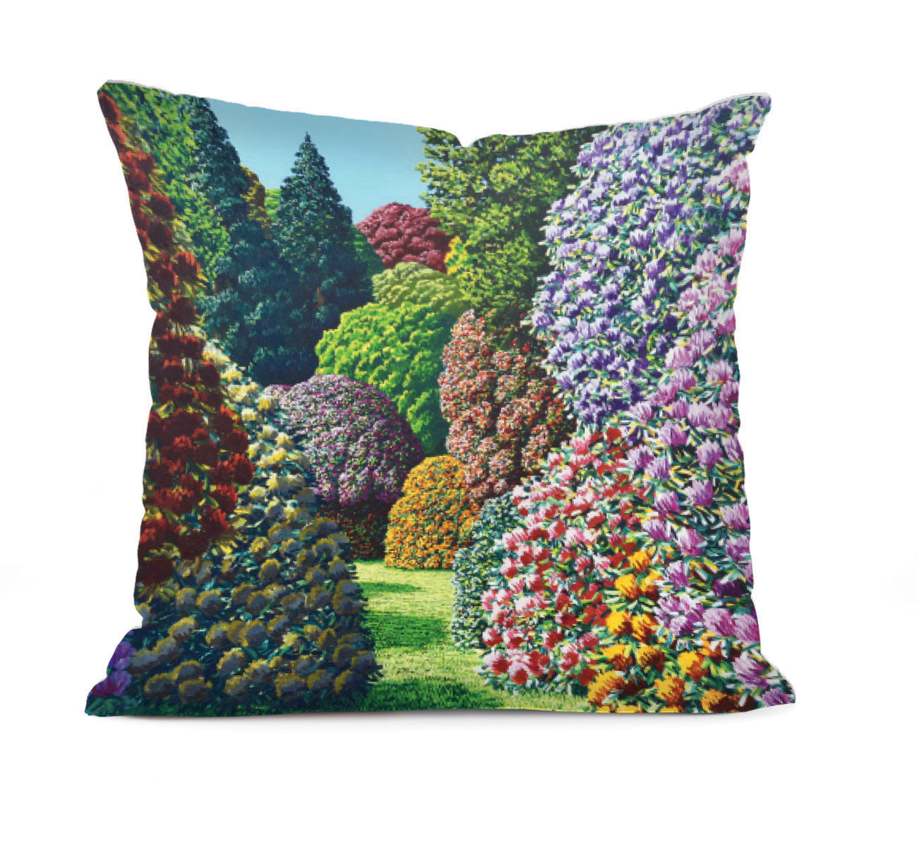 The Karl Maughan - Forest Hill Cushion Cover features a printed design inspired by lush New Zealand gardens, with vibrant flowering bushes and green trees beneath a blue sky.