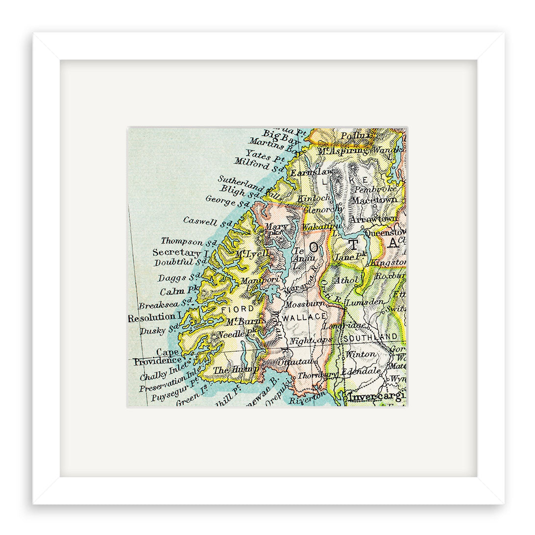 The Te Anau Vintage Map Print is a framed 19th-century lithograph featuring part of Scotland’s southwest coast, with towns like Oban, Fort William, and the Isle of Mull, plus detailed landforms and place names.
