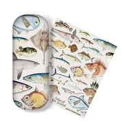 The Fishes of New Zealand Glasses Case comes with a micro-fibre cloth, both featuring colorful, detailed illustrations of various labeled fish species—perfect for stylishly protecting and cleaning your glasses.