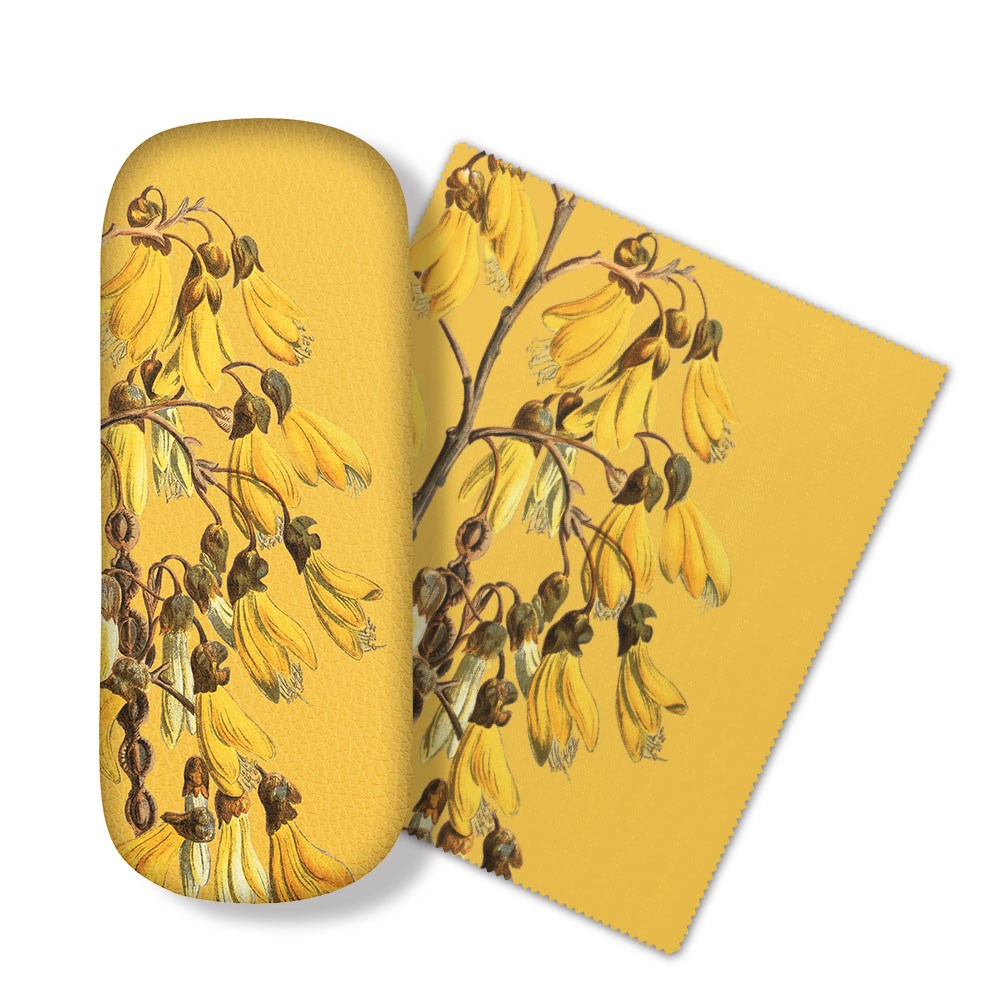 The Vintage Botanical Kowhai Glasses Case includes a matching microfibre cloth, both adorned with yellow kowhai flowers and green leaves on a yellow background—perfect for cleaning glasses or electronic screens.