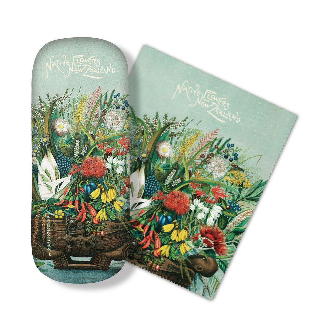 The NZ Native Flowers Glasses Case features botanical illustrations of native NZ flowers on pale green, with a matching microfibre cloth and Native Flowers of New Zealand printed at the top. Ideal for cleaning glasses or electronics screens.