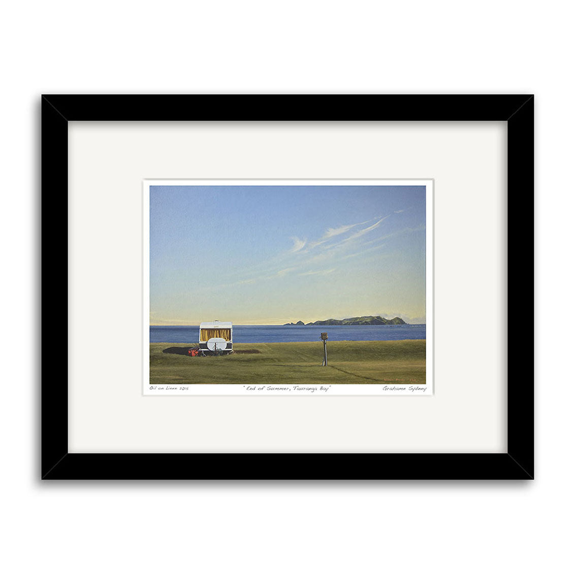 The Grahame Sydney - End of Summer Small Art Print features a serene scene of an ice cream van on grass by calm blue water and distant islands, enhanced by a black frame with white mat.