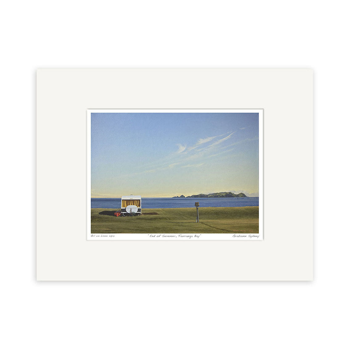 The Grahame Sydney - End of Summer Small Art Print depicts a small white trailer on grass near water with an island in the distance under a blue sky. This print features handwritten titles and a white border.