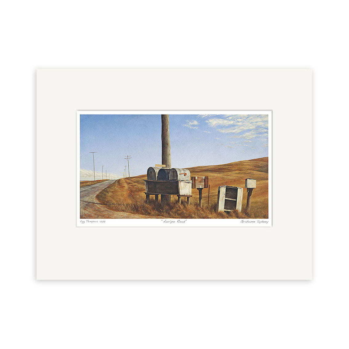 The Grahame Sydney - Auripo Road Small Art Print features weathered mailboxes on wooden posts beside a rural road, set against brown hills and utility poles under a partly cloudy sky. Prints are available.