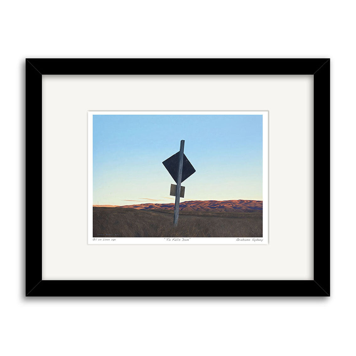 Inspired by New Zealand artist Grahame Sydney, the To Falls Dam Small Art Print features two road signs on one post in a sunlit grassy field, their silhouettes contrasted against a glowing sunset sky.