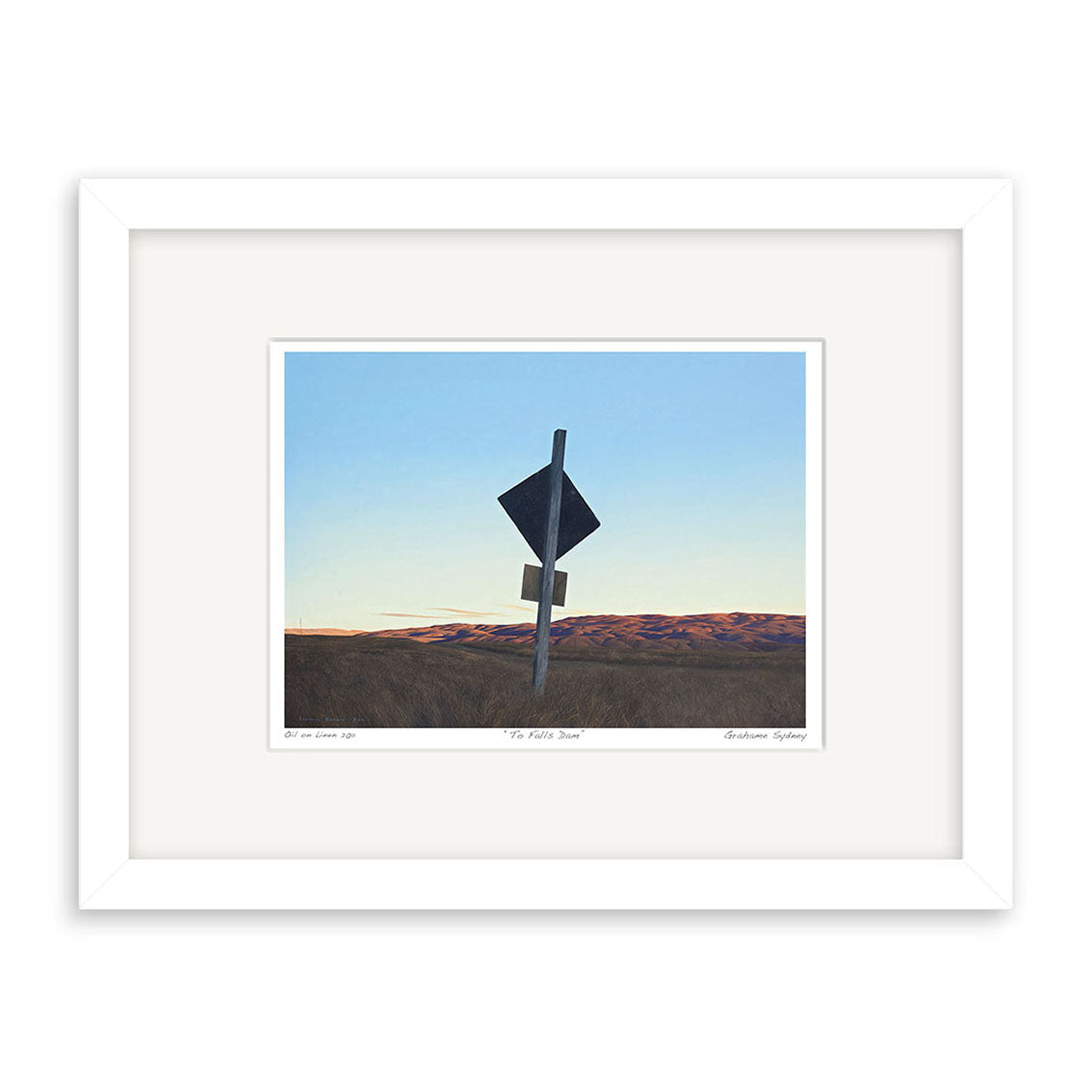 Grahame Sydney - To Falls Dam Small Art Print features a road sign with two diamond-shaped signs, one tilted, standing in open grassland with distant hills under a sunset sky.
