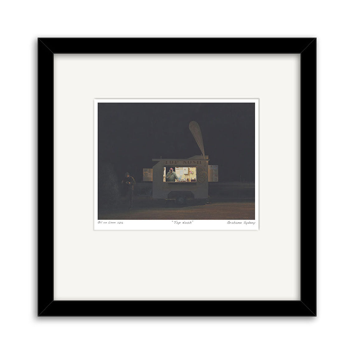The Grahame Sydney - Top Nosh Small Art Print depicts a brightly lit food truck at night, two people inside, and one standing outside on the left, all contrasted against a dark background.