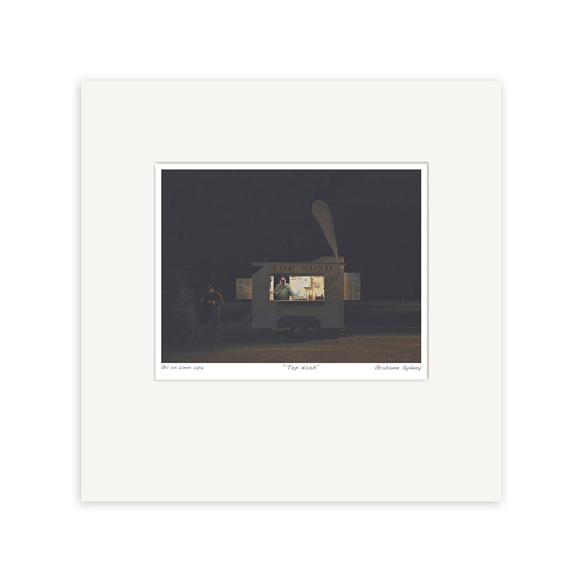 A small, lit food truck serves a customer at night against a dark backdrop. The sign reads Taco Truck. This scene echoes Grahame Sydney’s style in the Top Nosh small art print, presented with a white mat for framing.