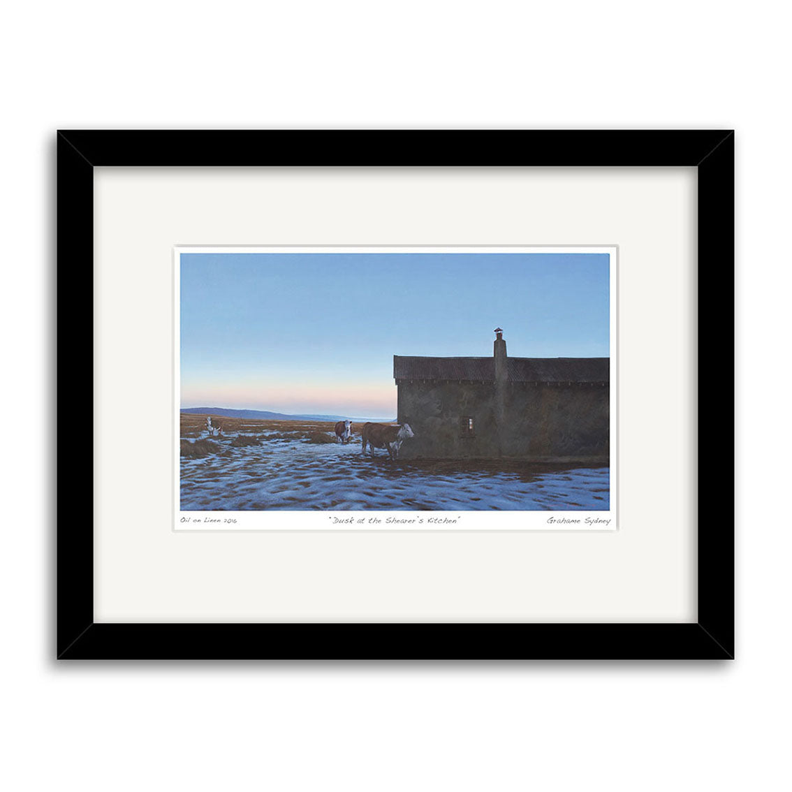 The Grahame Sydney - Dusk at Shearers Kitchen Small Art Print features a building casting a shadow on snowy ground at dusk, with a chimney, distant landscape, and a clear sky fading from blue to pale near the horizon.