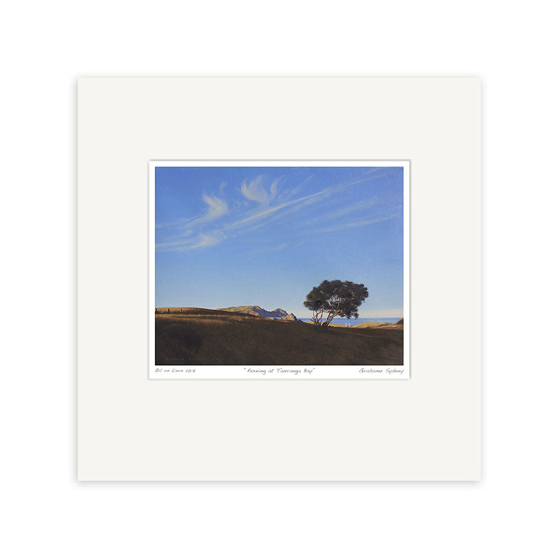 The Grahame Sydney - Evening at Tauranga Bay Small Art Print features a single tree in a field beneath a blue sky with wispy clouds and distant hills, centered on a white mat—an ideal choice for art lovers.